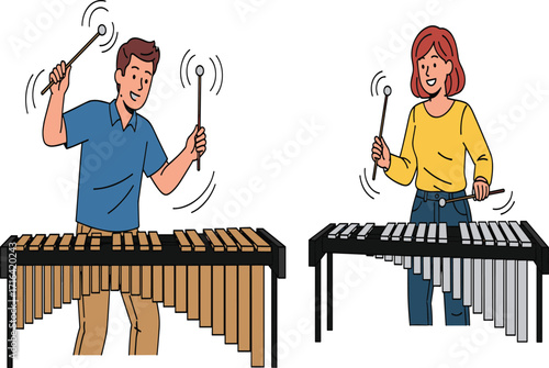 Percussion performance, xylophone and vibraphone players, musical instruments, mallet technique, rhythm practice, music education, concert scene, dynamic motion, sound exploration
