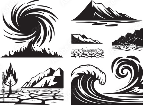 Dynamic natural disaster elements: storm, wave, mountains, fire
