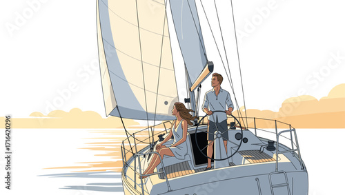 Sunset sailing, romantic couple, ocean adventure, tranquil sea, leisure lifestyle, summer travel, scenic view, freedom, yacht cruise, serene escape