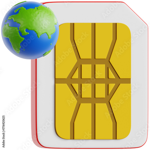 Worldwide mobile communication concept featuring a miniature planet Earth adorning a universal SIM card, symbolizing global connectivity and internet access for international users
