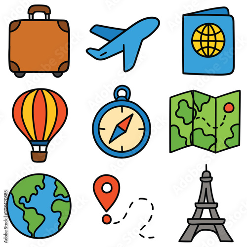 Hand-drawn cartoon travel and tourism icon set isolated on white background. Suitcase, airplane, passport, hot air balloon, compass, map, planet earth, navigation, showplace. Vector illustration.