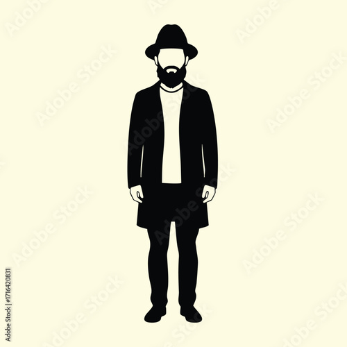 Silhouette of a bearded man wearing a hat and long coat standing against a plain light background