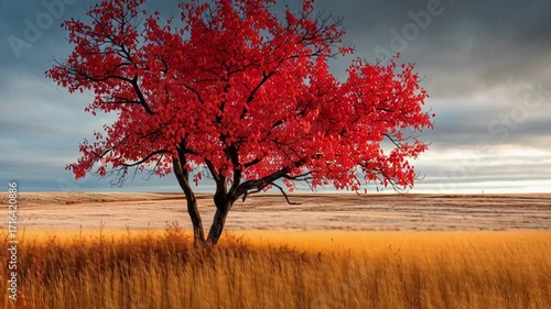 Solitary red tree in golden field under dramatic cloudy sky video