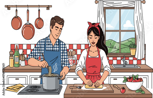 Couple cooking together, cozy kitchen interior, home cooking teamwork, vegetable preparation, culinary lifestyle, domestic scene, steam pot, healthy food, love