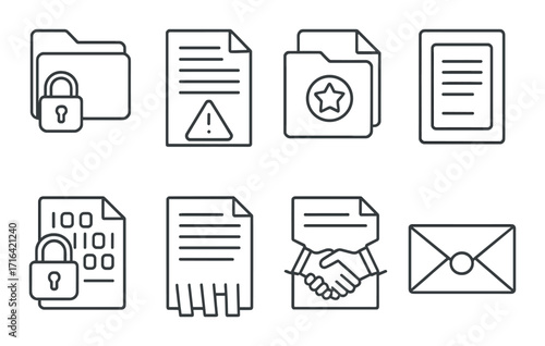 Transparent file and document icons with security and collaboration symbols on gray background
