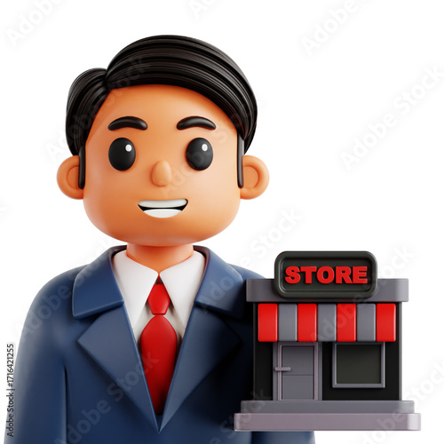 3D Cartoon Businessman Holding a Store Model  Ideal for Retail, E-commerce, and Business Concepts