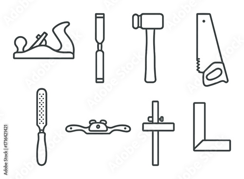 Silhouette of vintage woodworking tools on dark background