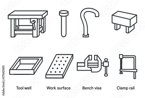 Carpentry tools illustration with bench, vise, and clamps on textured background