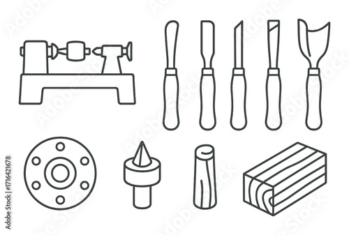 Woodworking tools outline: lathe, chisels, center, and block on gray background