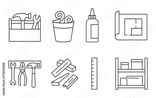 Monochrome outline of diy tools and materials for home improvement projects