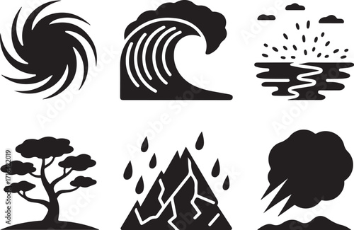 Natural disaster icons: storm, wave, rain, tree, volcano, smoke