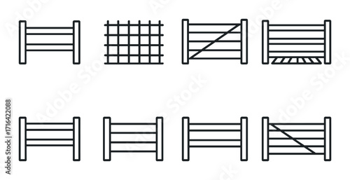 Set of eight black fence silhouettes on grey background