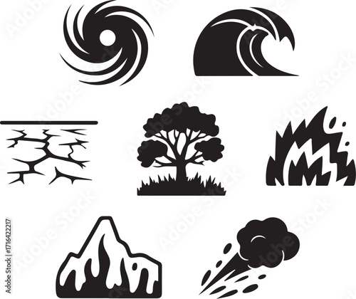 Natural disaster icons symbol storm wave drought fire mountain