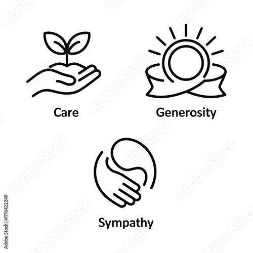 Conceptual icons for care generosity and sympathy concepts simple line art