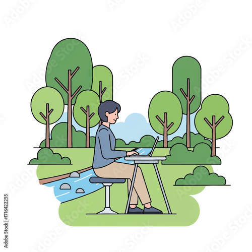 Illustration of a person sitting on a stool working on a laptop in a serene outdoor setting with trees and a stream.