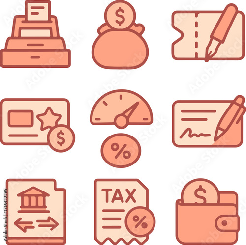 Collection of financial icons including a cash register, money bag, and a check.