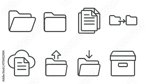Minimalist file management icons set with cloud backup and transfer symbols