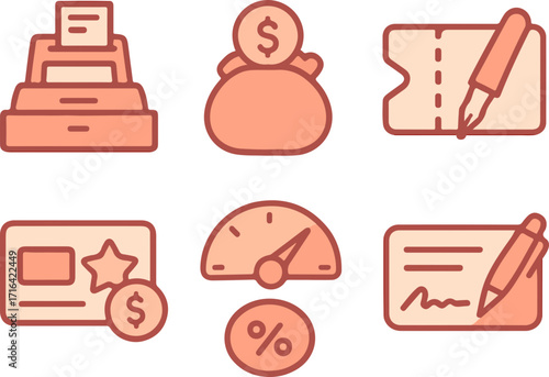 A set of six orange-toned icons representing business, finance, and commerce concepts like payment, savings, and credit.