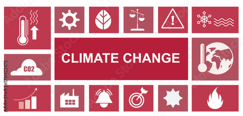 Climate Change Red Icon Grid Environmental Symbols. Red grid layout with climate change icons. Vector concepts for graphic and web design, business presentation and marketing. Vector illustration