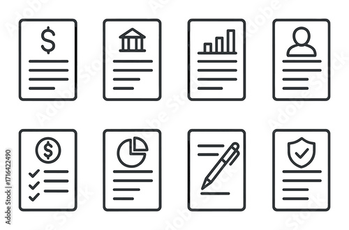 Black icons on dark background: finance, analytics, security, profile, documentation