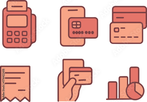 A collection of six flat design icons representing various aspects of financial transactions and business.