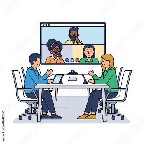 Flat illustration of two colleagues in a meeting with a video conference on a large screen behind them in a minimalist office setting with a professional mood.