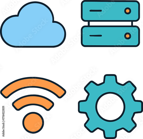 Flat 2D Icon Set for Technology and Digital Services, Including Cloud Storage, Server, Wi-Fi, and Settings. Clean, Modern Design