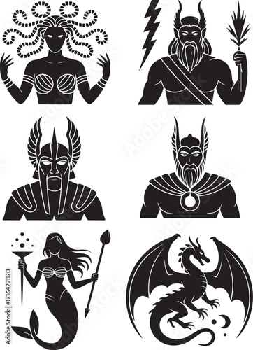 Mythical creatures and gods silhouette icons