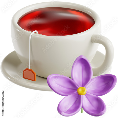 Aromatic cup of tea steeping gracefully, complemented by a delicate purple flower, perfect for a relaxing afternoon break to enjoy tea