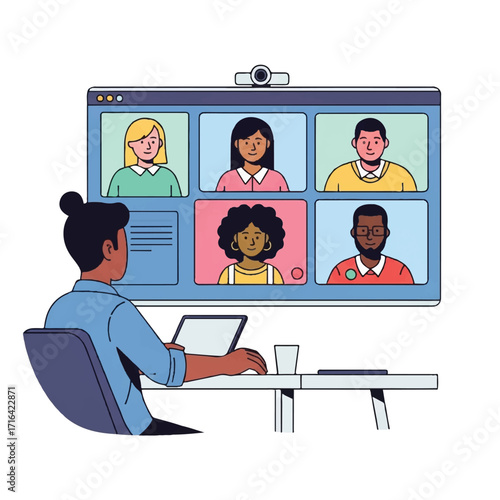 Illustration of a woman participating in a video conference with six other participants on a large screen while working on a laptop in a minimalist setting.