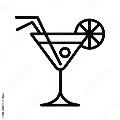 Stylish martini glass icon with straw and lemon slice simple line art design