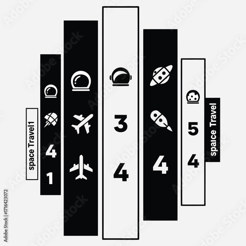 Modern Monochromatic Infographic Illustrating Space Exploration and Air Travel with Sequential Numbering