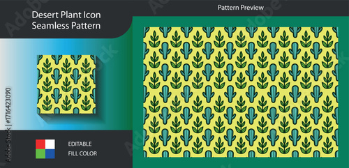 Art of seamless pattern featuring desert plant icons on a light yellow background, showcasing a simple yet visually appealing design suitable for various creative projects