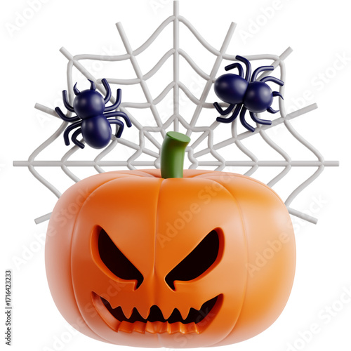 Isolated 3D illustration of a scary orange pumpkin with a carved evil face for Halloween, featuring a large spiderweb and two creepy spiders