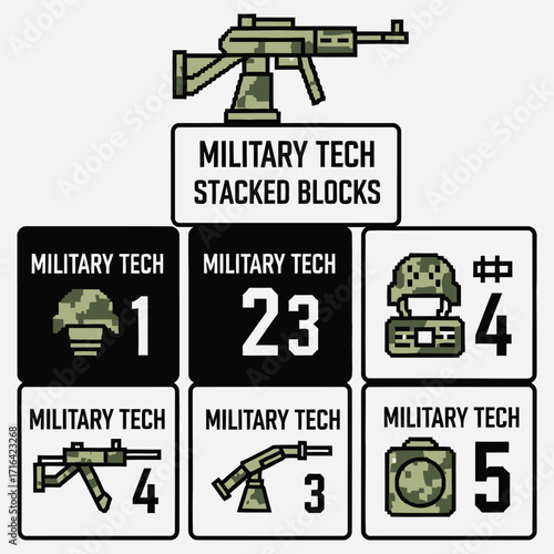 Pixel art military asset collection of weapon and gear icons for strategic video games