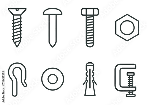 Industrial fasteners and tools icons set: screws, bolts, nuts, anchors, clamps