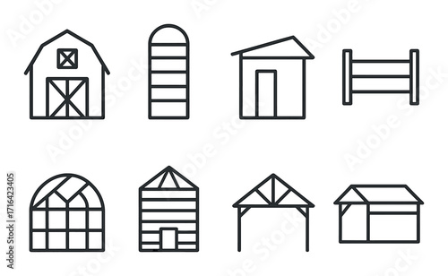 Various barn and farm building icons on a dark background
