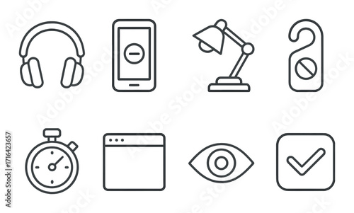 Minimalist blackout icons: headphones, smartphone, lamp, stopwatch, browser, eye, checkmark, door hanger