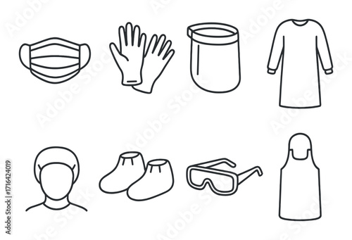 Essential protective equipment: masks, gloves, face shields, gowns, boots, and goggles outlined