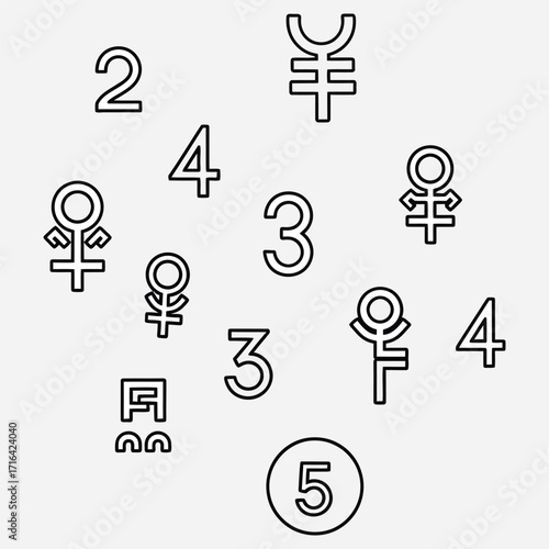 Collection of abstract numerology and astrology symbols with numbers for mystical design