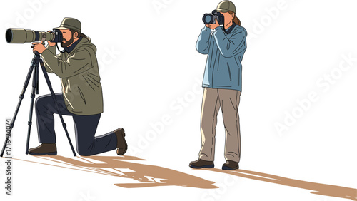 Outdoor photography, telephoto lens, tripod setup, nature shoot, professional gear, camera enthusiasts, wildlife capture, field work, hobby, DSLR, precision, technique, adventure, landscape,