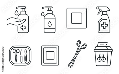 Medical hygiene icons: sanitizer, disinfectant, biohazard bin, medical tools, cotton swabs