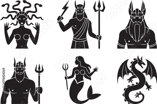 Mythic creatures and gods silhouette collection