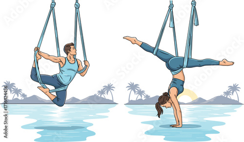 Aerial yoga over water, tropical sunset, fitness pose, hammock stretch, balance training, core strength, wellness retreat, outdoor exercise, flexibility, serenity