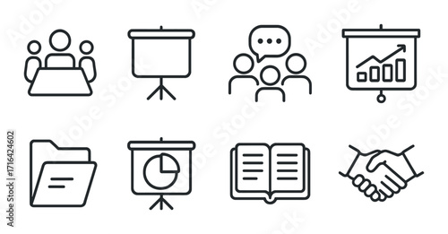 Business icon set: presentation, teamwork, growth, analytics, communication