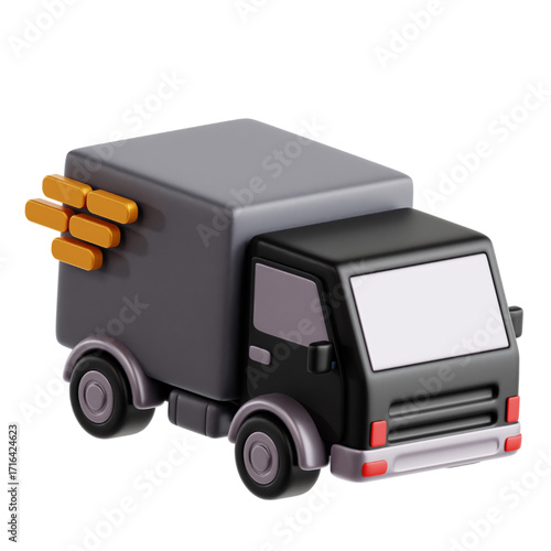 Modern 3D rendered black delivery truck, an essential asset for swift and efficient logistics, transportation, and express shipping services in the e-commerce and global commerce landscape