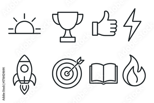 Minimalist icon set: sunrise, trophy, thumbs up, lightning, rocket, target, book, fire