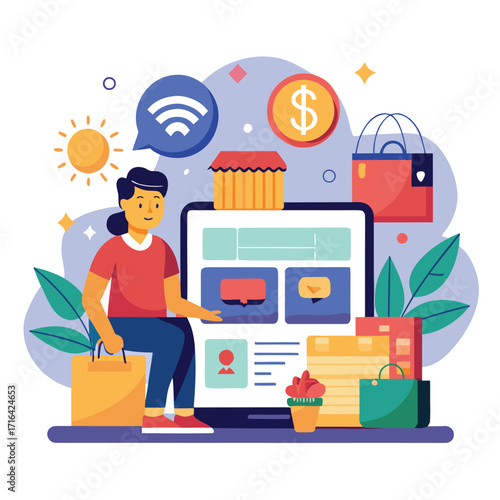 Modern online shopping and e commerce digital commerce illustration with shopping cart and delivery elements