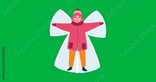 Child launching rhythmic arm and leg sweeping actions to carve snow angel outline for winter play