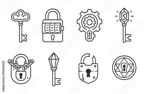 Set of eight monochrome lock and key icons with mechanical and geometric designs